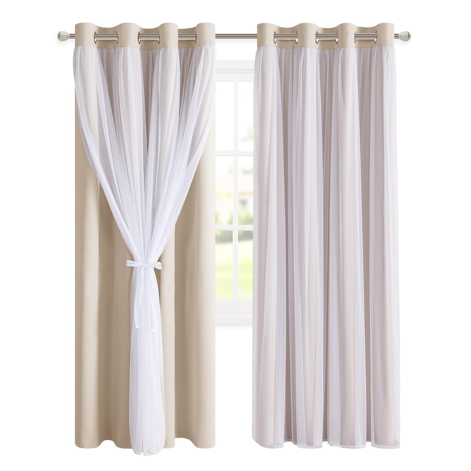 DWCN Layered Curtains, Blackout and Sheer Curtains with Tiebacks, 2 Pieces