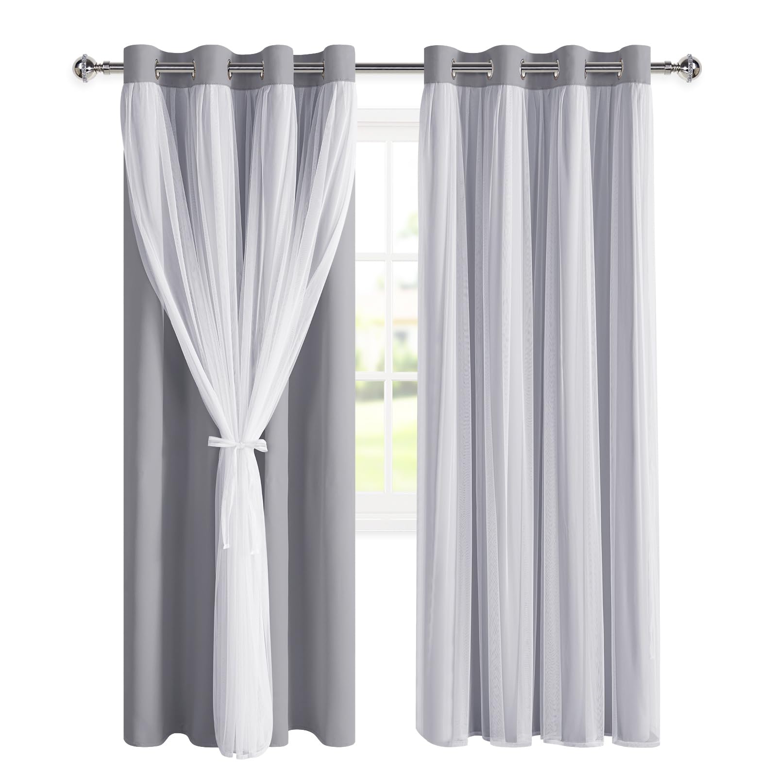 DWCN Layered Curtains, Blackout and Sheer Curtains with Tiebacks, 2 Pieces