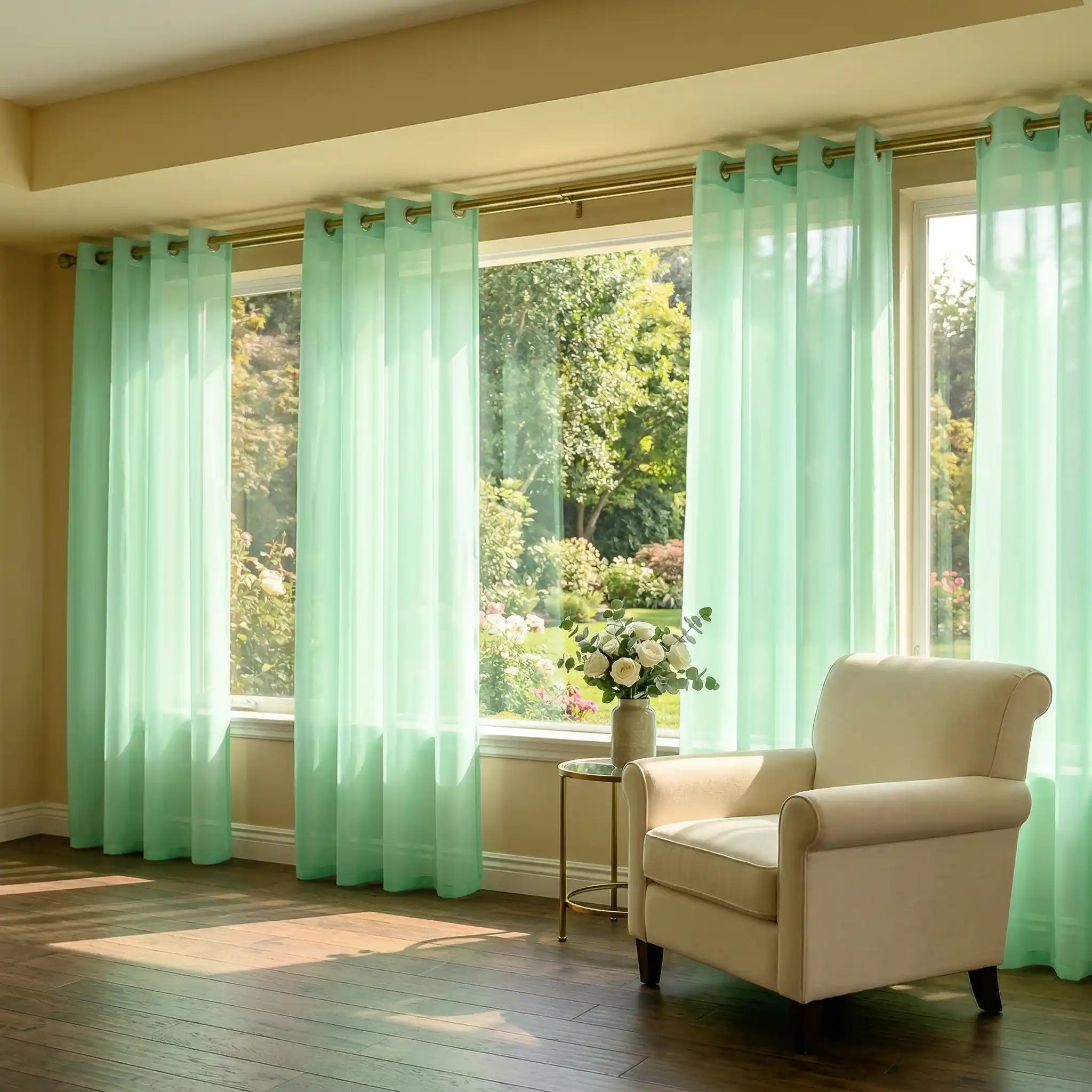 Mint green custom linen texture solid sheer curtains by DWCN Official, showcasing lightweight, elegant window treatment.