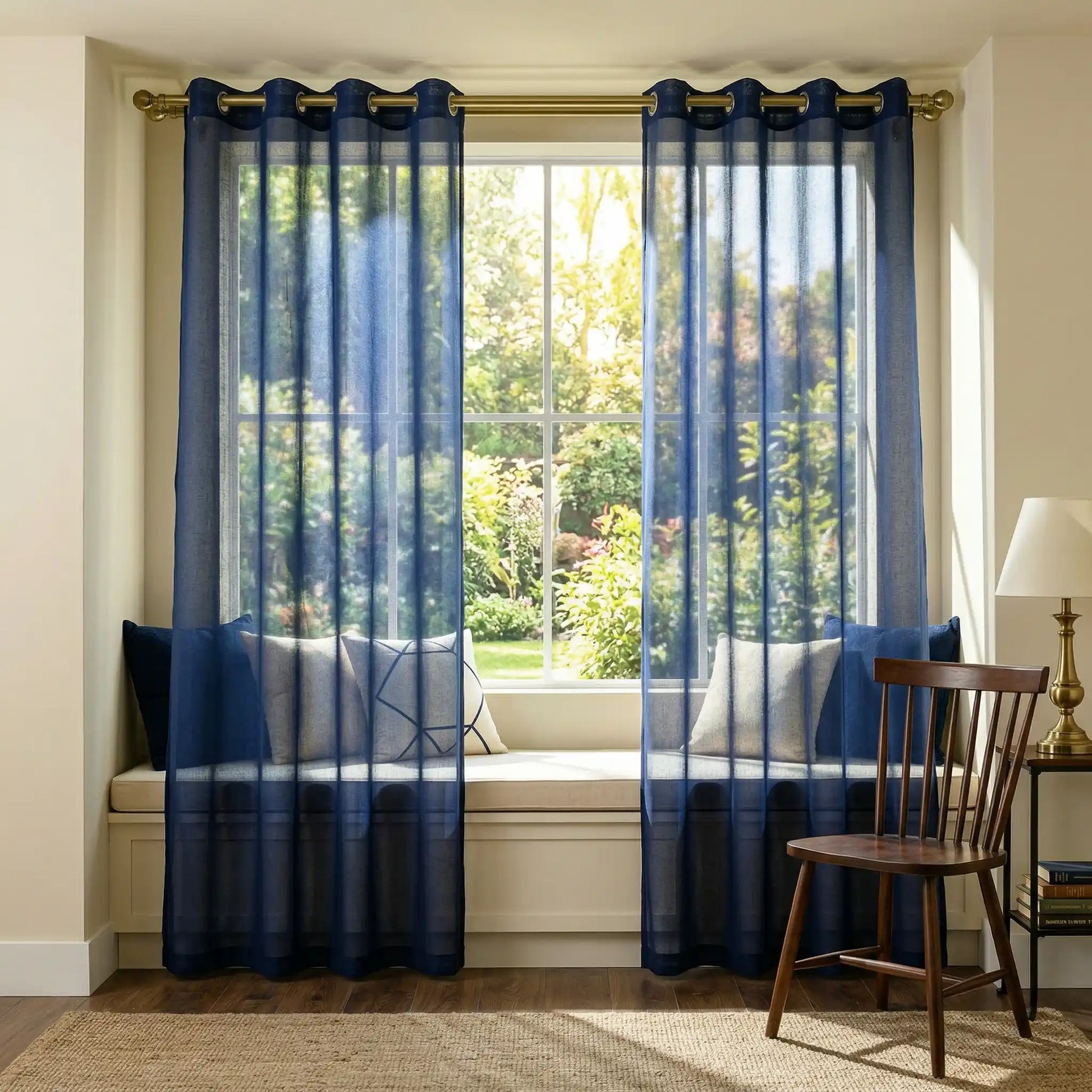 Navy custom linen texture solid sheer curtains from DWCN Official, showcasing lightweight, semi-transparent fabric for elegant window decor.