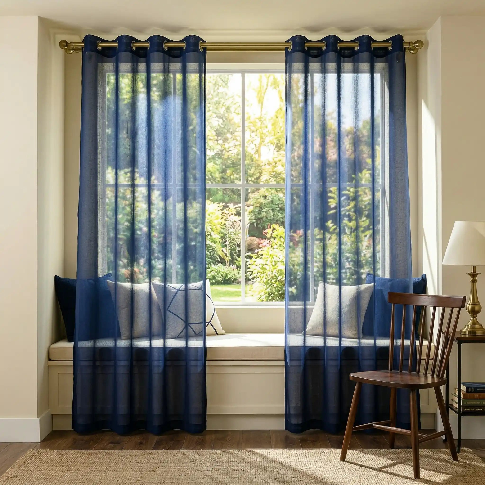 Navy custom linen texture solid sheer curtains from DWCN Official, showcasing lightweight, semi-transparent fabric for elegant window decor.