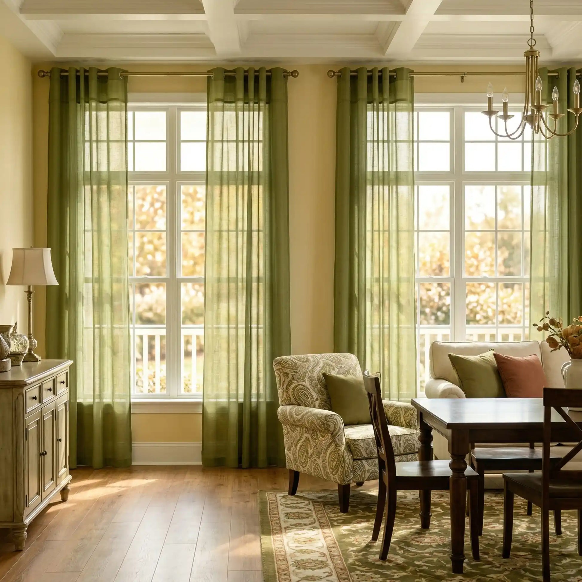 Olive green custom linen texture sheer curtains from DWCN Official, showcasing a lightweight, semi-transparent fabric for elegant window decor.