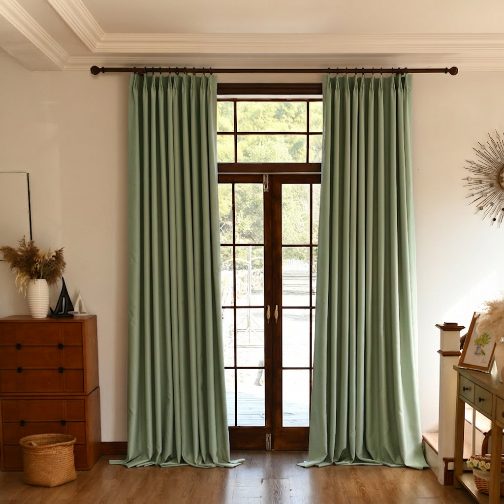 Sage green DWCN Official Custom Total Blackout Silk-Fiber Curtains hanging on a window, designed for light blocking and privacy.