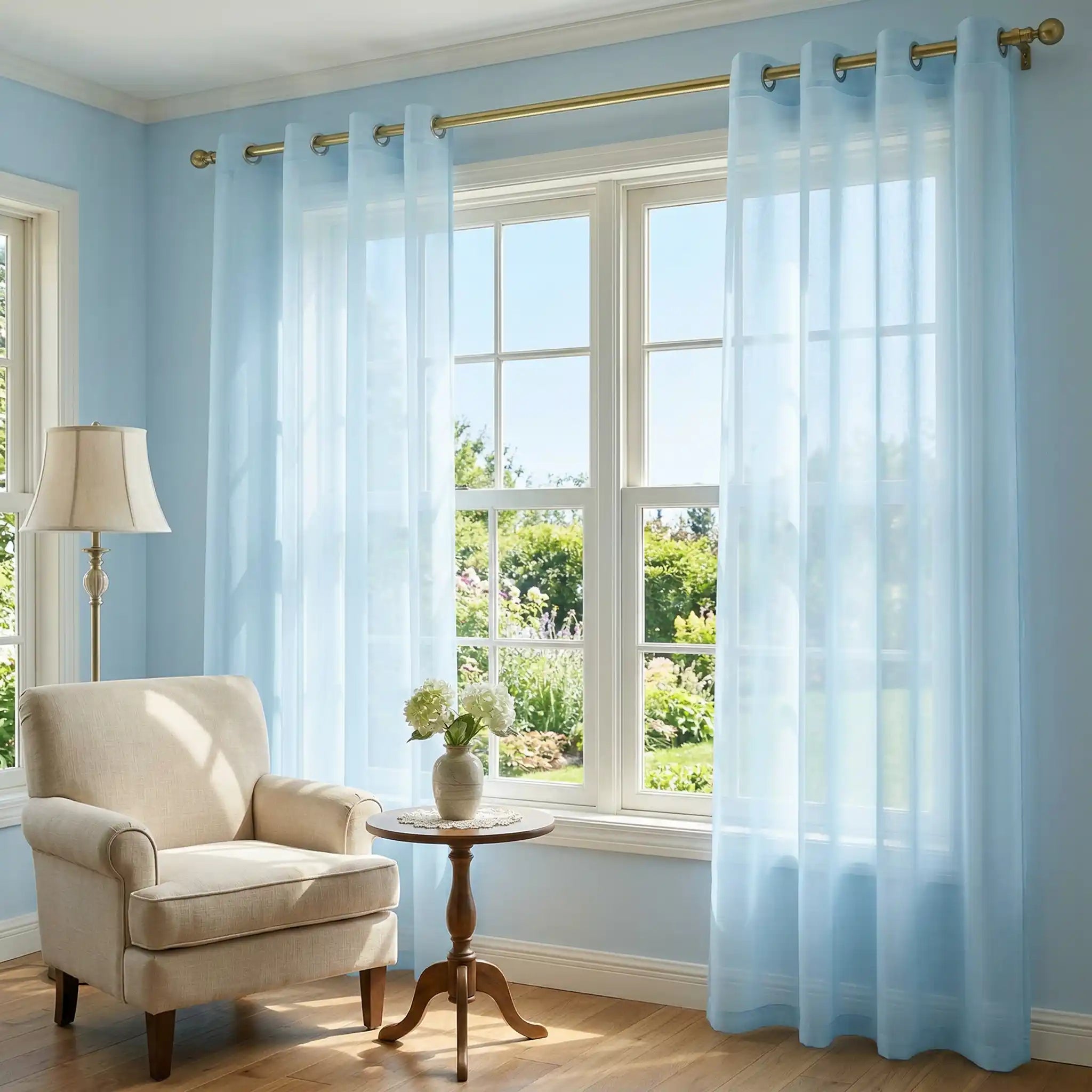 Sky blue custom linen texture solid sheer curtains from DWCN Official, lightweight and elegant window treatment for airy privacy.