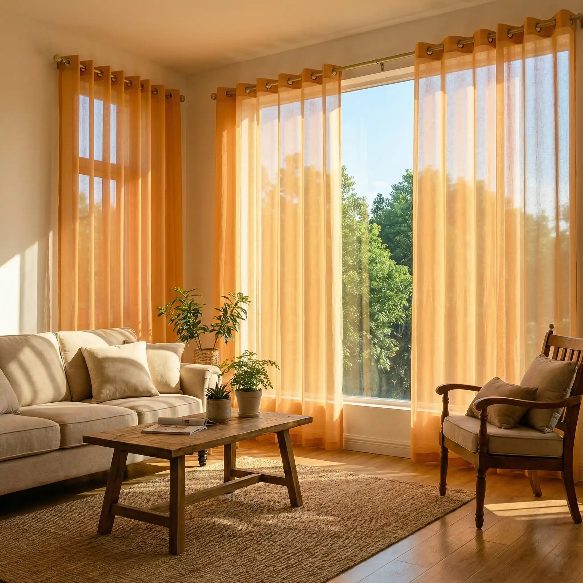 Sunset orange custom linen texture solid sheer curtains from DWCN Official hanging in a window, soft natural light filtering through.
