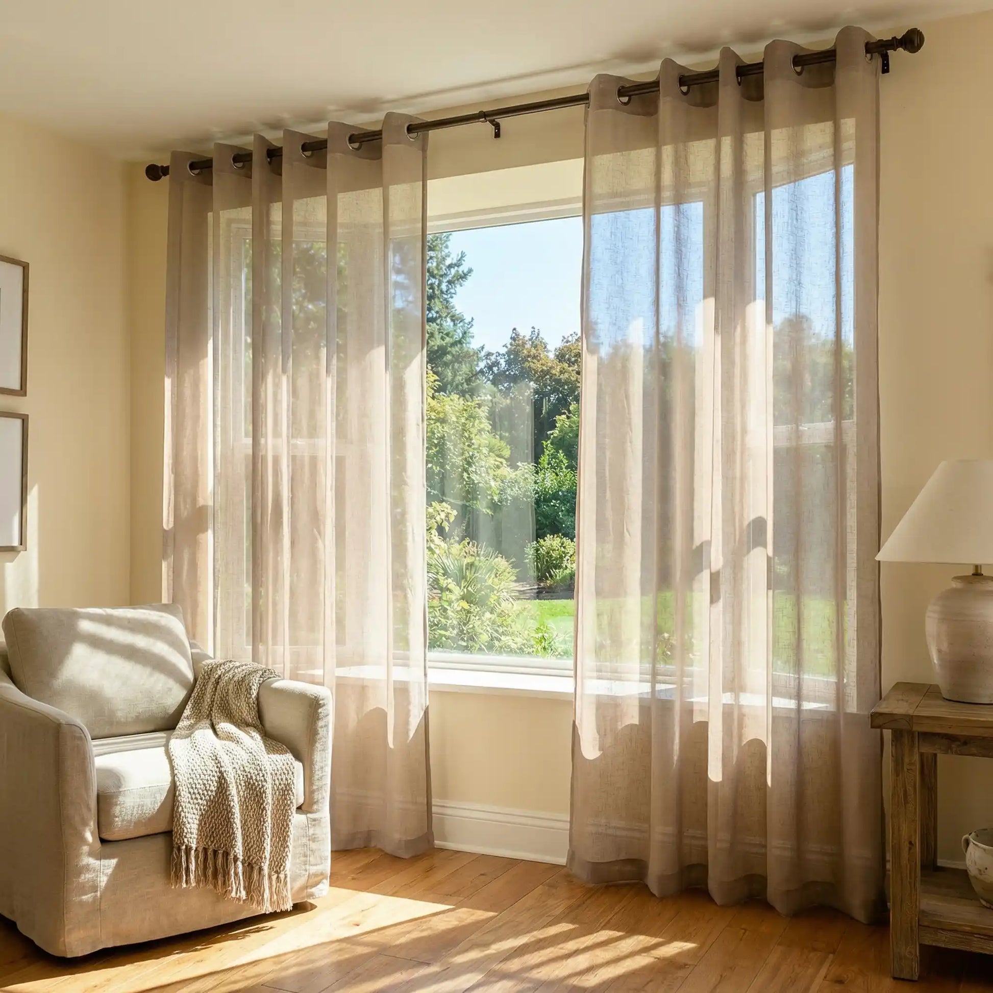 Taupe custom linen texture solid sheer curtains by DWCN Official, showcasing their lightweight, semi-transparent fabric and elegant design.