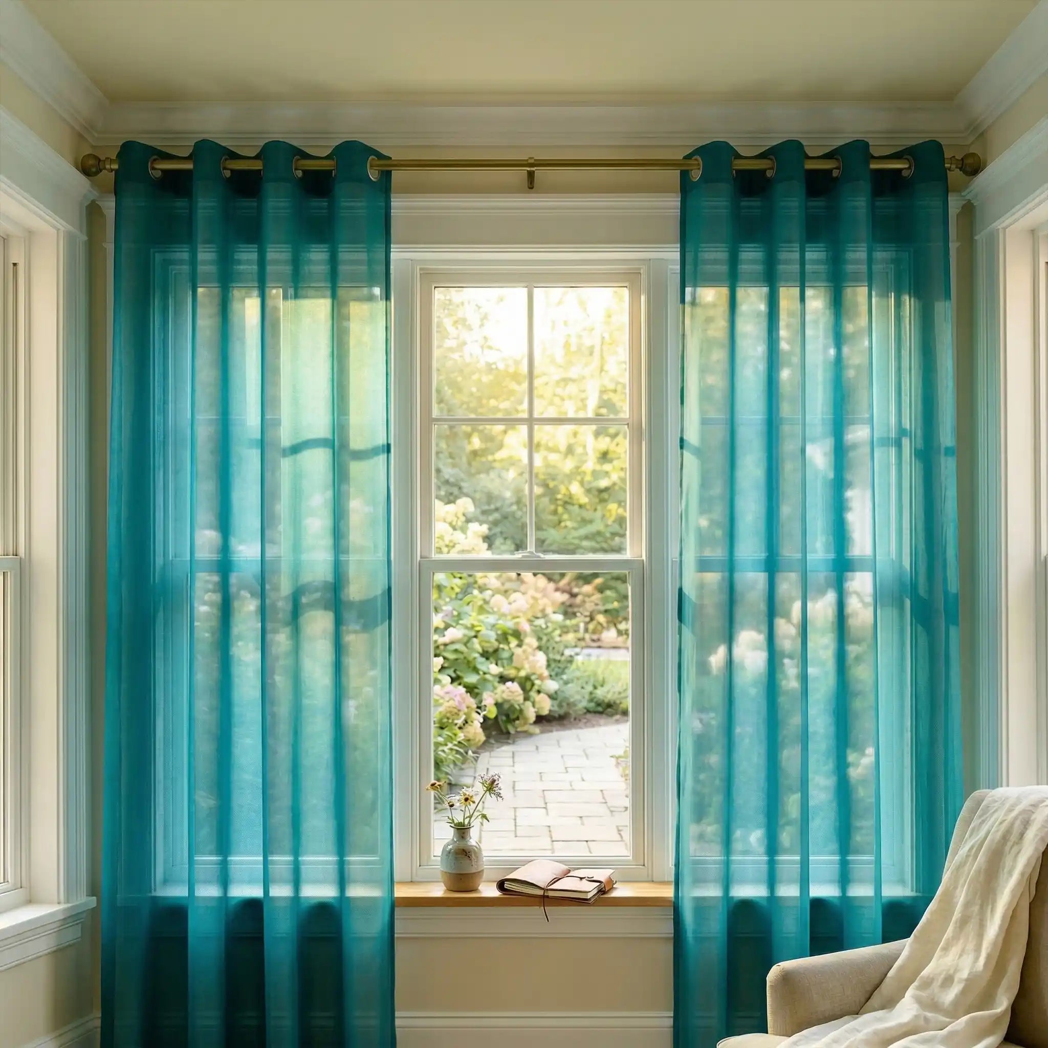 Turquoise linen-texture sheer curtains from DWCN Official, showcasing a lightweight, semi-transparent fabric for elegant window decor.