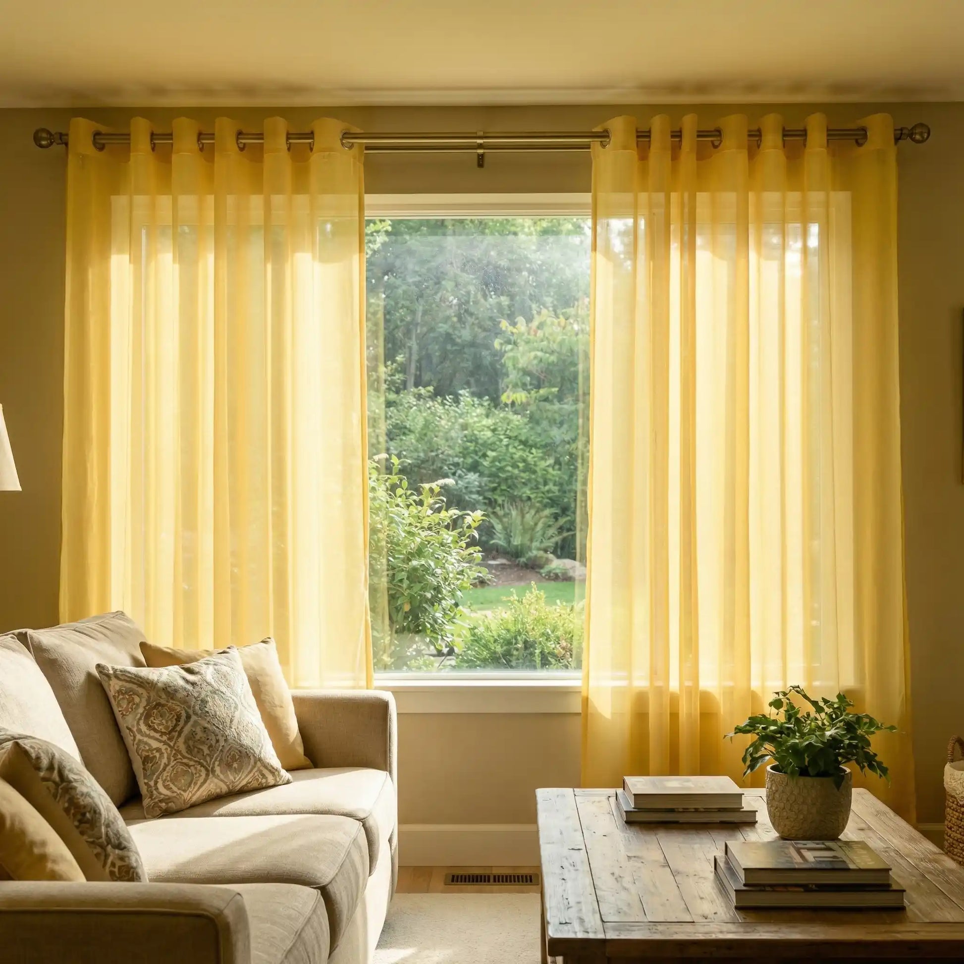 Yellow custom linen texture solid sheer curtains by DWCN Official hanging in a bright room.